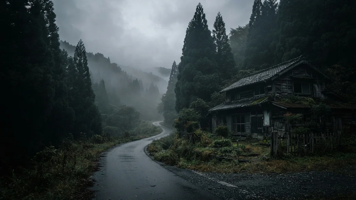 杉沢村の舞台環境イメージ（北東北の深い杉林と朽ちた境界石）